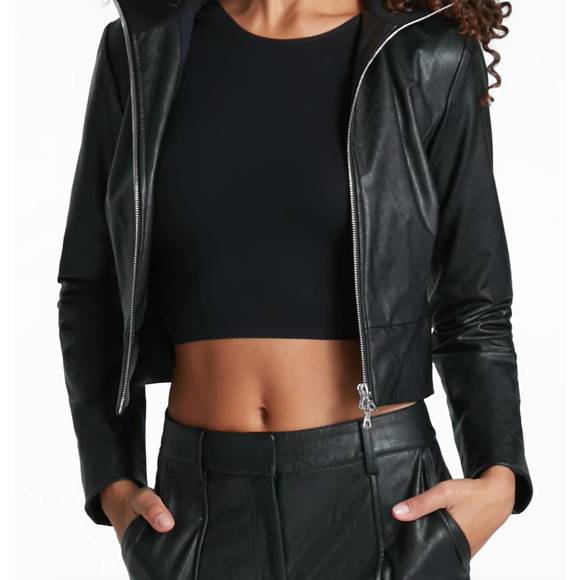 NEW COMMANDO faux leather crop biker jacket in black